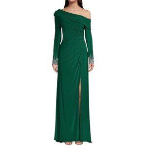 Mac Duggal Emerald Green Beaded Cuff Drop Shoulder Faux Wrap Gown Sz 6 Dress NWT